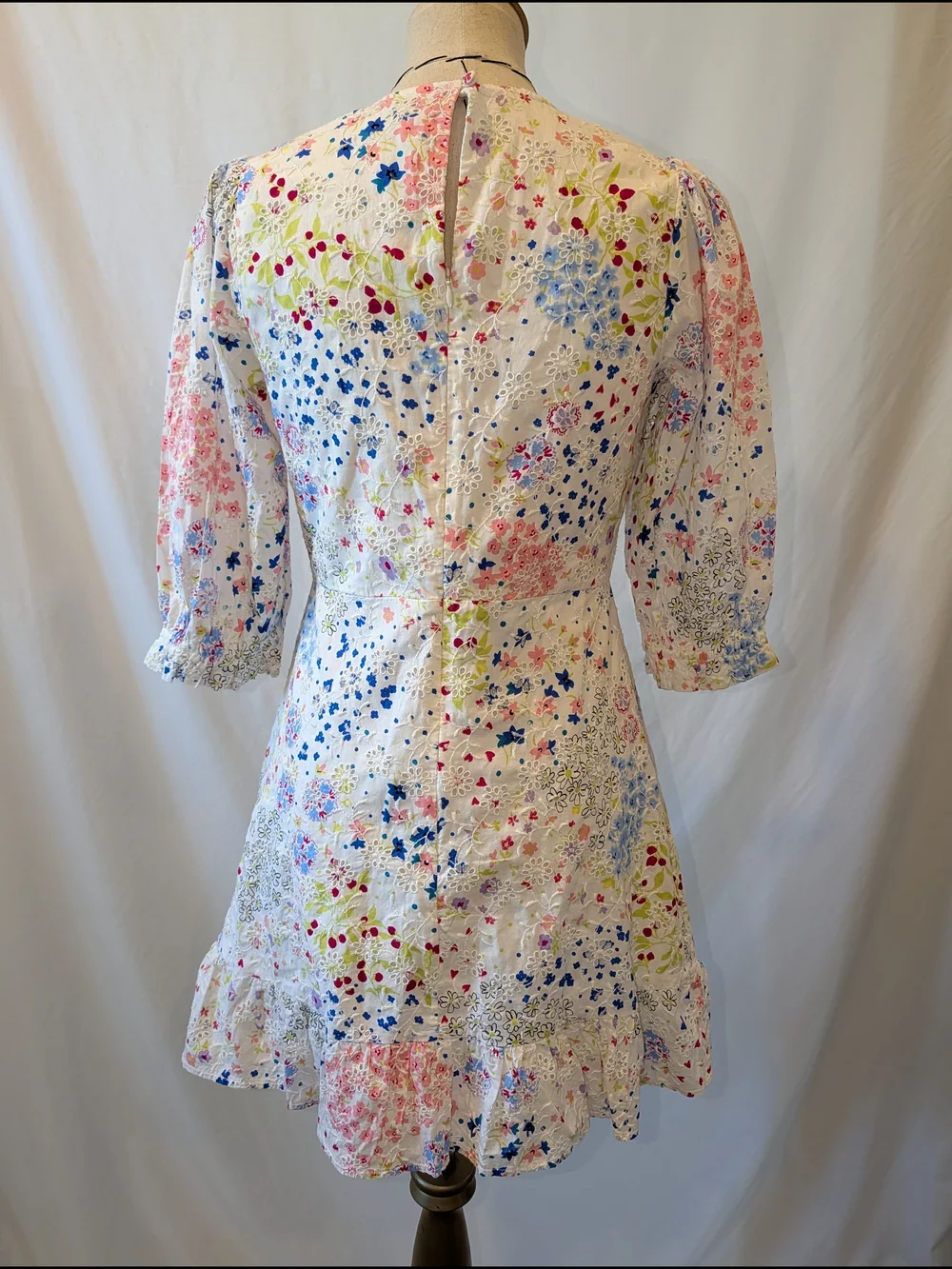 White Floral Midi Dress Eyelet, Blue pink‎ yellow embroidery ruffle 100% cotton